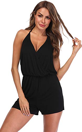 MISS MOLY Mono Mujer Traje de Verano Cuello en V Trajes de Mameluco Correa de Espagueti Sin Mangas Halterneck Jumpsuit Playsuit Negro Large