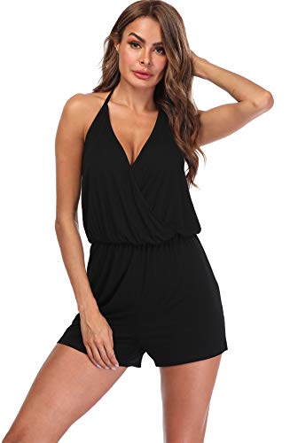 MISS MOLY Mono Mujer Traje de Verano Cuello en V Trajes de Mameluco Correa de Espagueti Sin Mangas Halterneck Jumpsuit Playsuit Negro Large