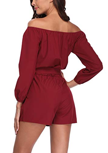 MISS MOLY Mujer Mono Elegante Cortos Verano Fuera del Hombro Casual Pantalones Ropa Vestir Cintura Alta Vendaje Ajustado Sexy Trajes Rojo Large