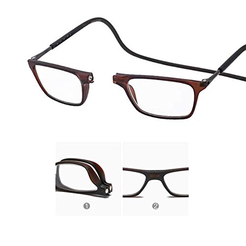 MMOWW Gafas de lectura con marco negro: Gafas de lectura con cierre magnético, plegable, ligero, con clip magnético, con patilla ajustable, unisex （Marrón, 2.0）