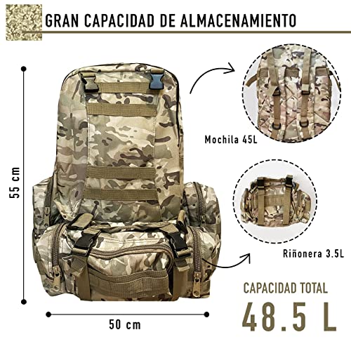 Mochila Táctica Militar de 48.5L. Bolsa Militar MOLLE. Mochila de Asalto. Múltiples Bolsillos y Gran Capacidad. Incluye Riñonera y 2 Bolsas Adicionales. Supervivencia. Combate. (camuflaje verde)