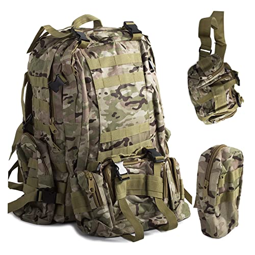 Mochila Táctica Militar de 48.5L. Bolsa Militar MOLLE. Mochila de Asalto. Múltiples Bolsillos y Gran Capacidad. Incluye Riñonera y 2 Bolsas Adicionales. Supervivencia. Combate. (camuflaje verde)