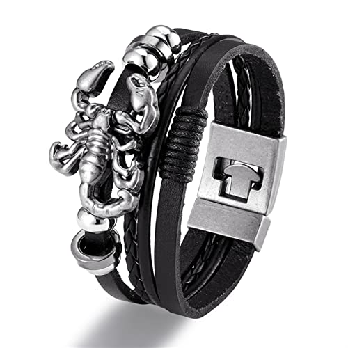 Moda Bracelete Cuero Genuino Multilapa Anclaje Pulsera Hombres Vintage Punk Rock Mujer Aleación Beads Joyería Náutica Aire Delgado Espíritu Mal Dinero Dibujo Riqueza Fortuna (Color : Black Scorpion)