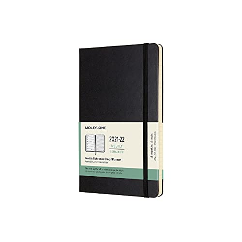 Moleskine - Agenda Semanal de 18 Meses, Agenda Semanal 2021/2022, Agenda Semana Vista con Tapa Dura y Cierre Elástico, Tamaño Grande 13 x 21 cm, Color Negro, 208 Páginas