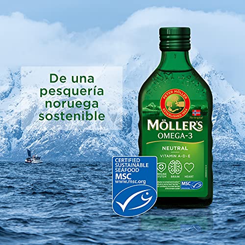 Moller’s ® | Aceite de hígado de bacalao con omega 3 | Complemento dietético con omega 3, EPA, DHA y vitaminas A, D y E | Aceite de hígado de bacalao | Sabor Neutro | 250 ml