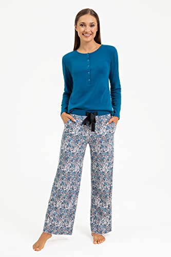 Mon Amie Pijama Largo de Mujer, de Dos Piezas de Manga Larga para señoras, chándal cálido para el hogar, Ideal para el otoño y el Invierno, cómodo, 100% algodón, Azul Y Multicolor XL