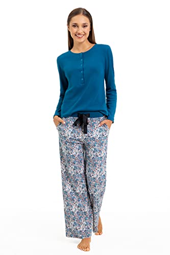 Mon Amie Pijama Largo de Mujer, de Dos Piezas de Manga Larga para señoras, chándal cálido para el hogar, Ideal para el otoño y el Invierno, cómodo, 100% algodón, Azul Y Multicolor XL