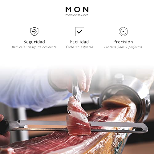 MON Cuchillo Jamonero Anticortes Profesional Para Zurdos y Diestros con Apertura de Doble Filo Seguro de Acero para Lonchas Finas - Fabricado en España