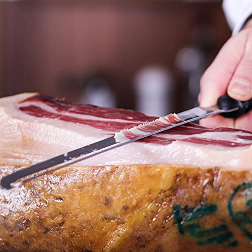 MON Cuchillo Jamonero Anticortes Profesional Para Zurdos y Diestros con Apertura de Doble Filo Seguro de Acero para Lonchas Finas - Fabricado en España