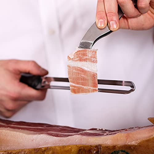 MON Cuchillo Jamonero Anticortes Profesional Para Zurdos y Diestros con Apertura de Doble Filo Seguro de Acero para Lonchas Finas - Fabricado en España