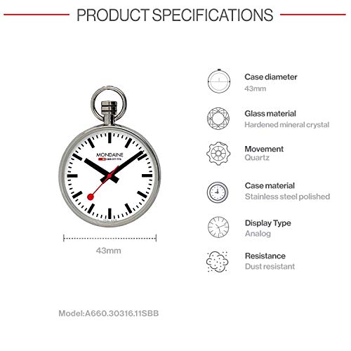 Mondaine Pocket- Reloj de bolsillo, movimiento de cuarzo Ronda 313, acero inoxidable