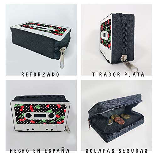 Monedero Cartera Mujer Hombre Billetera con Cremallera Retro Vintage - Artesanal Hecho a Mano con Cintas de Cassettes Tarjetero Diseño Reciclado Tamaño Pequeño Regalo Original Cerezas Portamonedas