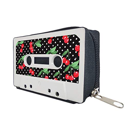 Monedero Cartera Mujer Hombre Billetera con Cremallera Retro Vintage - Artesanal Hecho a Mano con Cintas de Cassettes Tarjetero Diseño Reciclado Tamaño Pequeño Regalo Original Cerezas Portamonedas