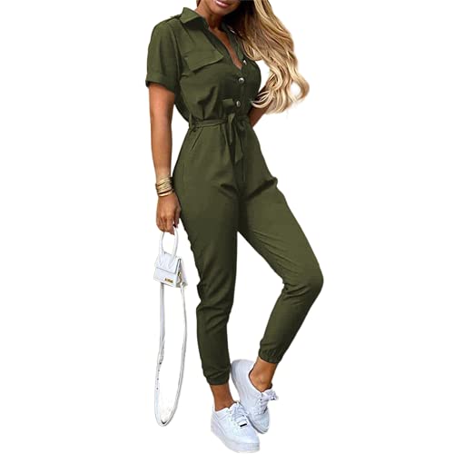 Mono para Mujer Elegante Pantalones Largos Mono Casual de Mujer Color Sólido/Rayas/Letras Mameluco para Mujer Cargo Talla Grande Cintura Alta (Verde Militar, L)