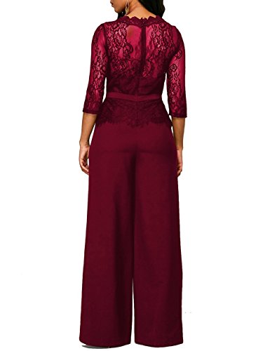 Monos De Vestir Mujer Largo Pantalon Elegante Verano Splice Encaje Mangas 3/4 Mono De Noche Moda Casual Transparentes Ropa Fiesta Modernas Pata Ancha Jumpsuit