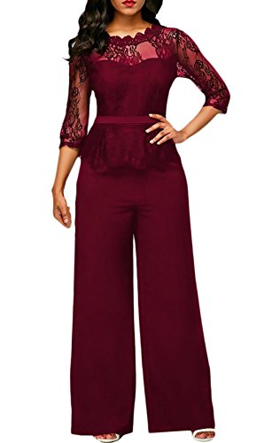 Monos De Vestir Mujer Largo Pantalon Elegante Verano Splice Encaje Mangas 3/4 Mono De Noche Moda Casual Transparentes Ropa Fiesta Modernas Pata Ancha Jumpsuit