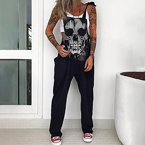 Monos de Vestir Mujer Pantalones Punk Monos Peto Calavera Sueltos Mono Estampado Pantalones Piratas Negro Monos Mujer Verano Largos Casual Pantalones sin Mangas con Tirantes