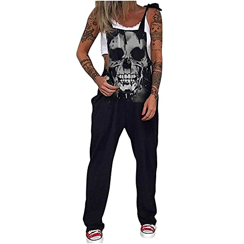 Monos de Vestir Mujer Pantalones Punk Monos Peto Calavera Sueltos Mono Estampado Pantalones Piratas Negro Monos Mujer Verano Largos Casual Pantalones sin Mangas con Tirantes