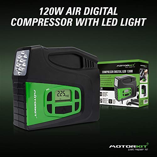 Motorkit MOTOR16522 - Compresor Digital con indicador, 12 V, con luz led de 120 W, inflado rápido, presión máxima 100 PSI