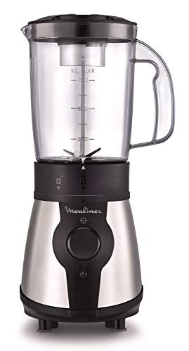 Moulinex Blend&Go LM1B1D - Batidora de Vaso de 300 W con jarra de plástico ligero y resitente de 1.3 L, incluye botella de 750 ml transportable, sistema de 4 cuchillas, acabados en acero inoxidable