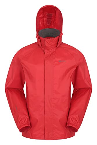 Mountain Warehouse Chaqueta Impermeable para Hombre Pakka - Chaqueta Plegable con Capucha, Abrigo para Hombre con Bandas Reflectantes, Chaqueta Ligera para la Lluvia Rojo L