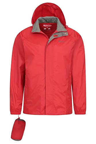 Mountain Warehouse Chaqueta Impermeable para Hombre Pakka - Chaqueta Plegable con Capucha, Abrigo para Hombre con Bandas Reflectantes, Chaqueta Ligera para la Lluvia Rojo L