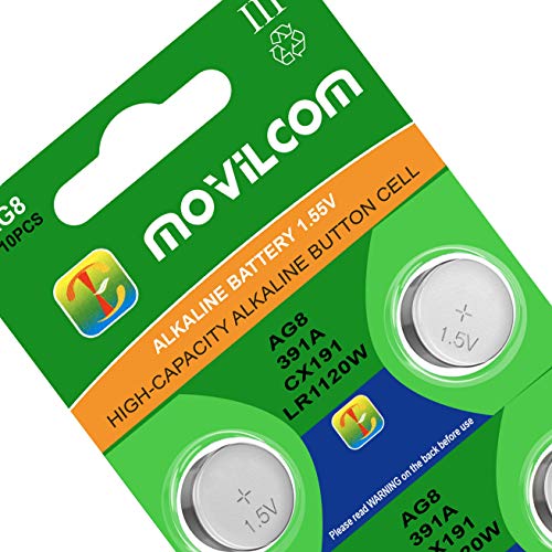 MovilCom® - Pila botón AG8 Pila Reloj 1.5V Equivalente a 391, LR1120, LR1120W, SR1120W, V391, D391, S112E, 609, L, 280-30, SB-BS/ES, SR55