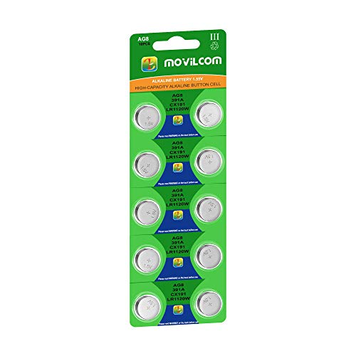 MovilCom® - Pila botón AG8 Pila Reloj 1.5V Equivalente a 391, LR1120, LR1120W, SR1120W, V391, D391, S112E, 609, L, 280-30, SB-BS/ES, SR55