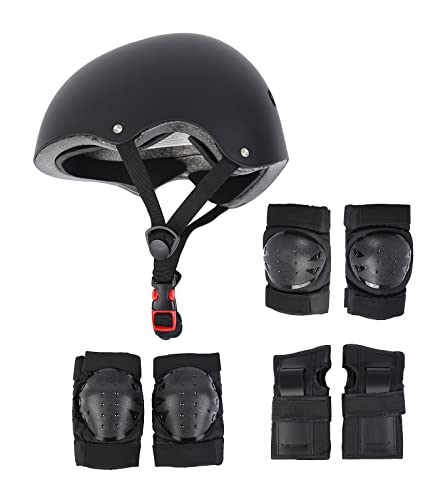 MuGuang - Juego de protectores de 7 piezas para BMX Pads Rodilleras de codo con protectores de puños para patin, bicicleta, Skateboard, Scooter (L, negro)