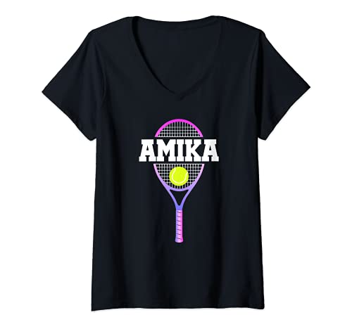 Mujer Amika - Abanico deportivo con pelota y raqueta Camiseta Cuello V