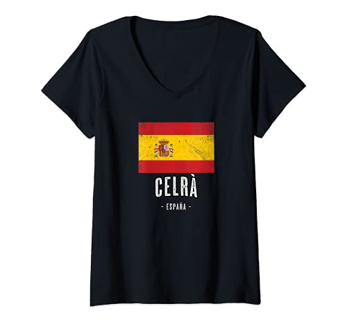 Mujer Celrà España | Souvenir - Ciudad - Bandera - Camiseta Cuello V