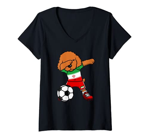 Mujer Dabbing Caniche Perro Irán Fútbol Bandera Sport Deporte Arte Camiseta Cuello V