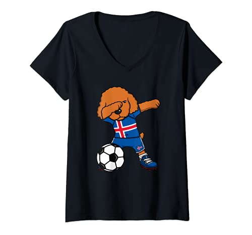 Mujer Dabbing Caniche Perro Islandia Fútbol Islandesa Deporte Arte Camiseta Cuello V