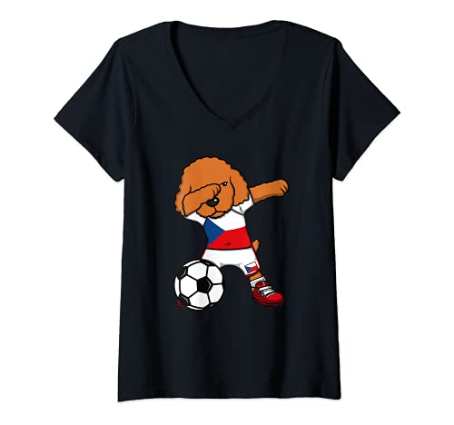 Mujer Dabbing Caniche Perro República Checa Fútbol Bandera Checa Camiseta Cuello V