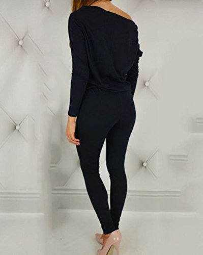 Mujer Jumpsuits Elegantes Fuera del Hombro Manga Larga Mono Largo Casual Negro M