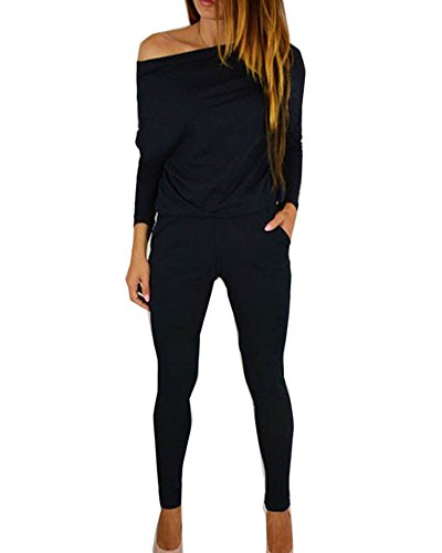 Mujer Jumpsuits Elegantes Fuera del Hombro Manga Larga Mono Largo Casual Negro M