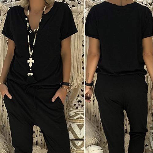 Mujer Petos Verano Moda Retro Largo Chic Mono Cuello V Manga Corta Bolsillos Casual Playa Fiesta Pantalones Negro ES 44