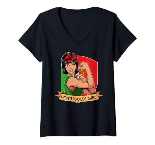 Mujer Portugees Girl Portugal Flag Portuguese Português Soccer Fan Camiseta Cuello V