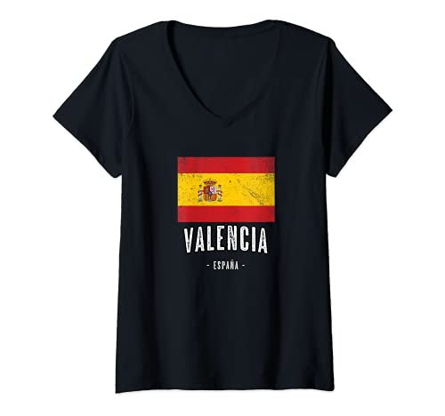 Mujer Valencia España | Souvenir Linda Ciudad - Bandera Española - Camiseta Cuello V