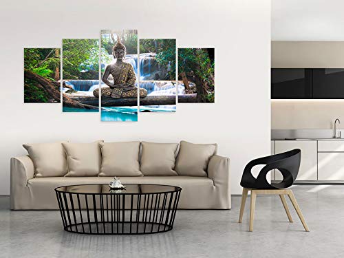 murando Cuadro en Lienzo Buda 200x100 cm Impresión de 5 Piezas Material Tejido no Tejido Impresión Artística Imagen Gráfica Decoracion de Pared Oriente Zen Cascada c-A-0021-b-n