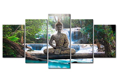 murando Cuadro en Lienzo Buda 200x100 cm Impresión de 5 Piezas Material Tejido no Tejido Impresión Artística Imagen Gráfica Decoracion de Pared Oriente Zen Cascada c-A-0021-b-n