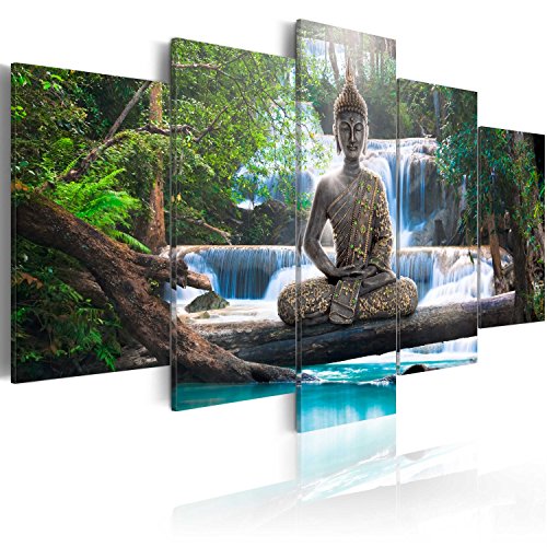 murando Cuadro en Lienzo Buda 200x100 cm Impresión de 5 Piezas Material Tejido no Tejido Impresión Artística Imagen Gráfica Decoracion de Pared Oriente Zen Cascada c-A-0021-b-n