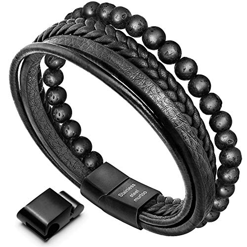 Murtoo - Pulsera para hombre de piel y piedra natural con cierre magnético de acero inoxidable, caja regalo (piedra volcánica 22 cm)