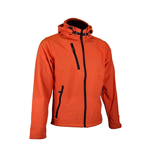 MUSTAGHATA – Chaqueta Softshell para hombre Alpi – Transpirable e impermeable – Chaqueta cálida de corte ajustado – Capucha extraíble – Color naranja – Talla XL