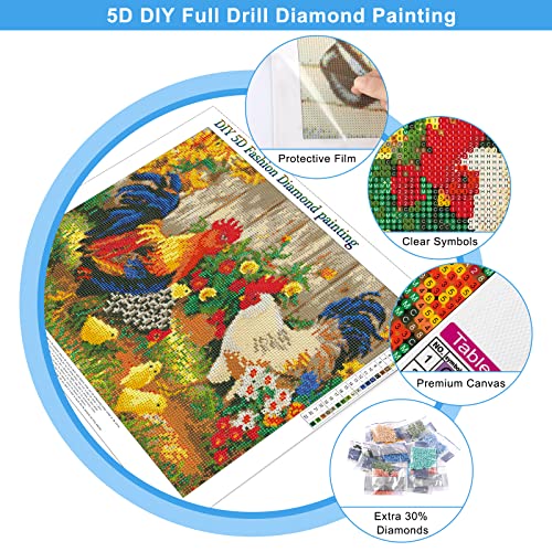 MXJSUA DIY 5d Diamond Pintura por número Kit,DIY Pintura al oleo por numeros Full Taladro Gallo gallina Pollitos Bordado de Punto de Cruz Artes Manualidades Lienzo Pared decoración 35x45cm