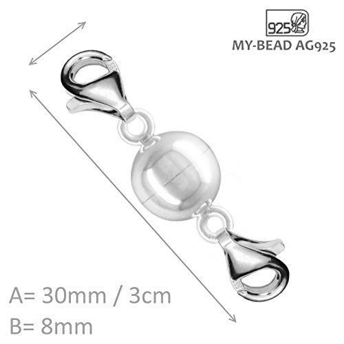 My-Bead cierres mosquetón doble magnético 30mm Plata de ley 925 imán de bala para collar y pulsera de perlas DIY