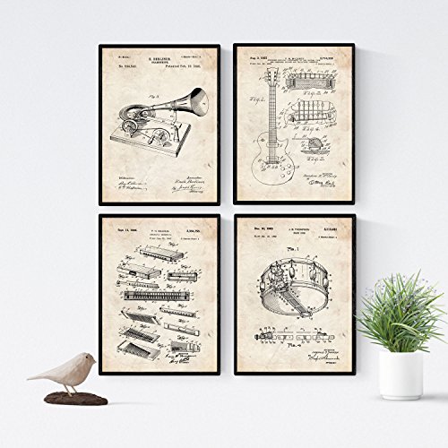 Nacnic Vintage - Pack de 4 láminas con Patentes de Música Blues. Set de posters con inventos y patentes antiguas.