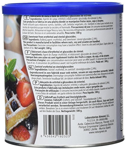 NATURGREEN Steviol, Edulcorante Natural, con Base de Eritritol, Sustitutivo del Azúcar, Orgánico, 100% Vegetal, Bajo Índice Glucémico, 500 Gramos