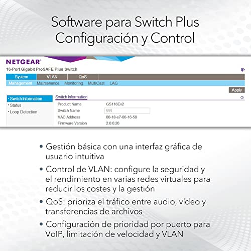 Netgear GS108E-300PES - Switch conmutador de red gestionable de 8 puertos Gigabit RJ-45 (2000 Mbps de ancho de banda, con control de red, QoS y VLAN, carcasa metálica)