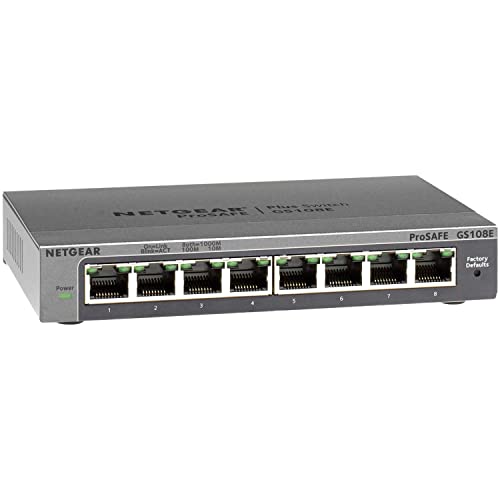 Netgear GS108E-300PES - Switch conmutador de red gestionable de 8 puertos Gigabit RJ-45 (2000 Mbps de ancho de banda, con control de red, QoS y VLAN, carcasa metálica)